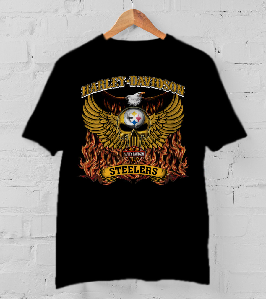 Harley Davidson Pittsburgh Steelers Winged Skull Flames T-Shirt