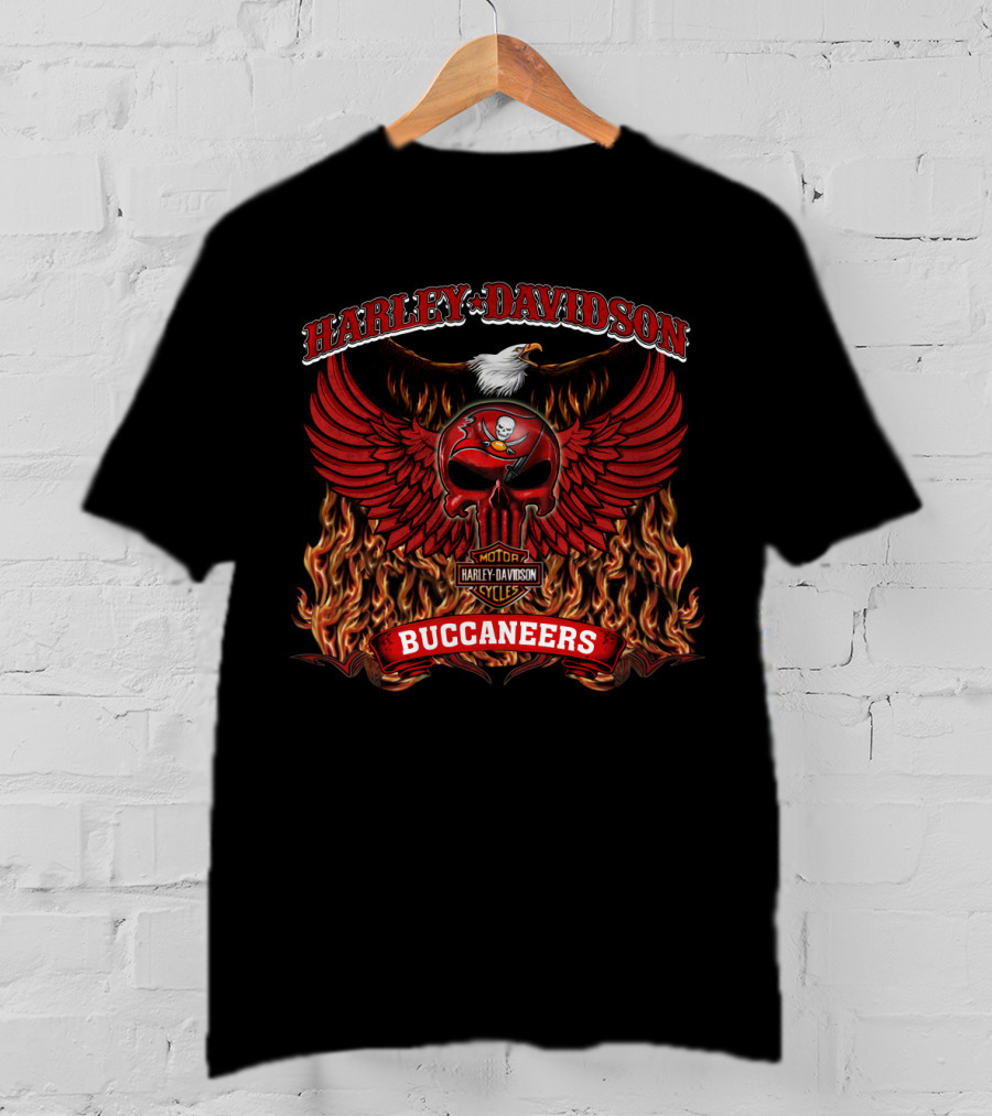 Harley Davidson Buccaneers Winged Skull Motor Cycles Flame T-Shirt