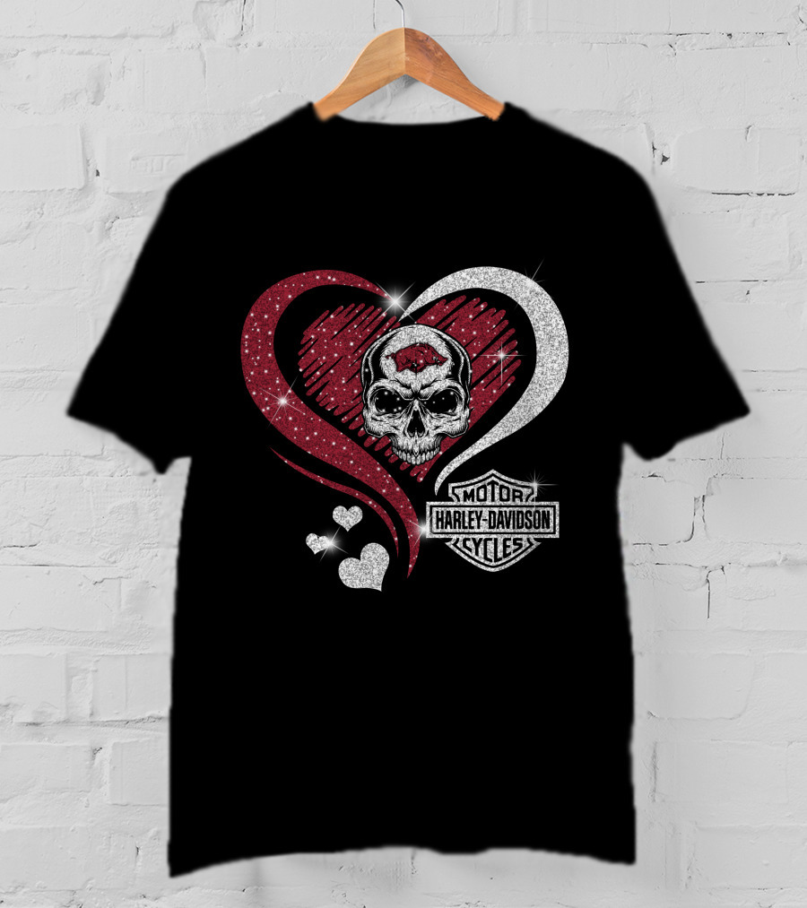 Ncaa Arkansas Razorbacks Harley Davidson Skull Heart T-Shirt