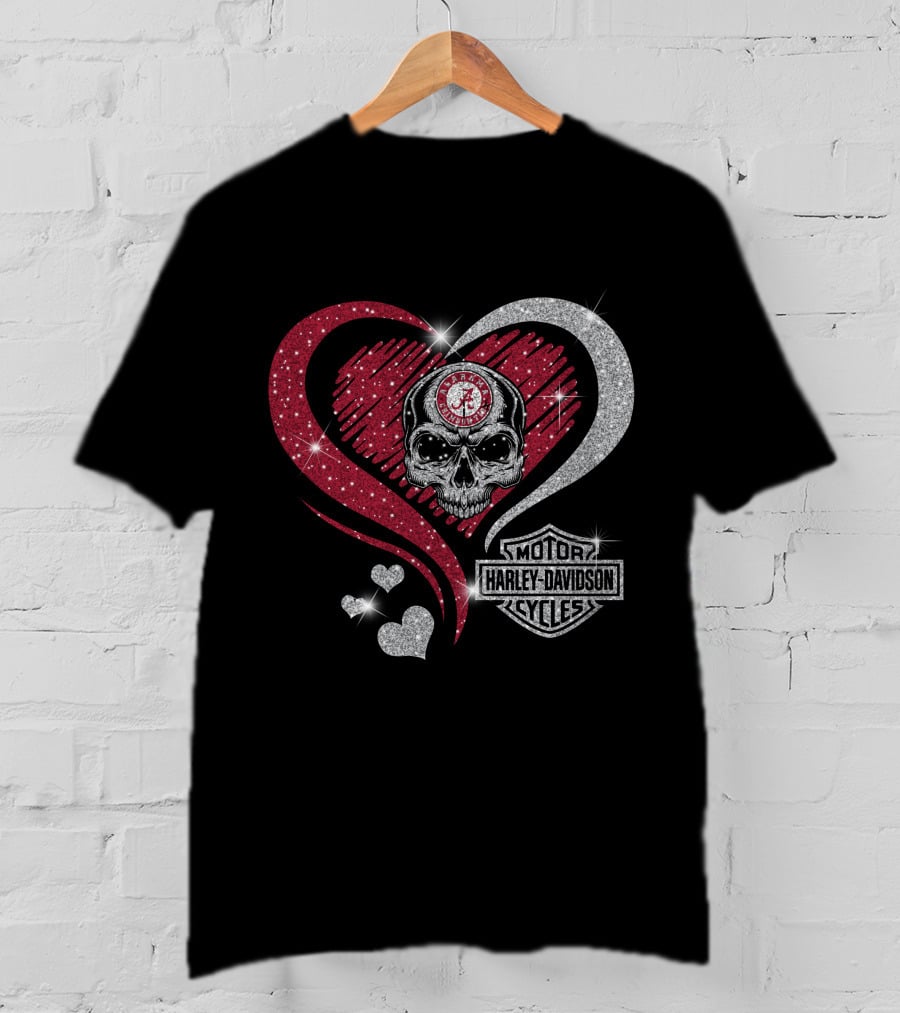 Alabama Crimson Tide Skull Heart Harley Davidson Motor Cycles T-Shirt