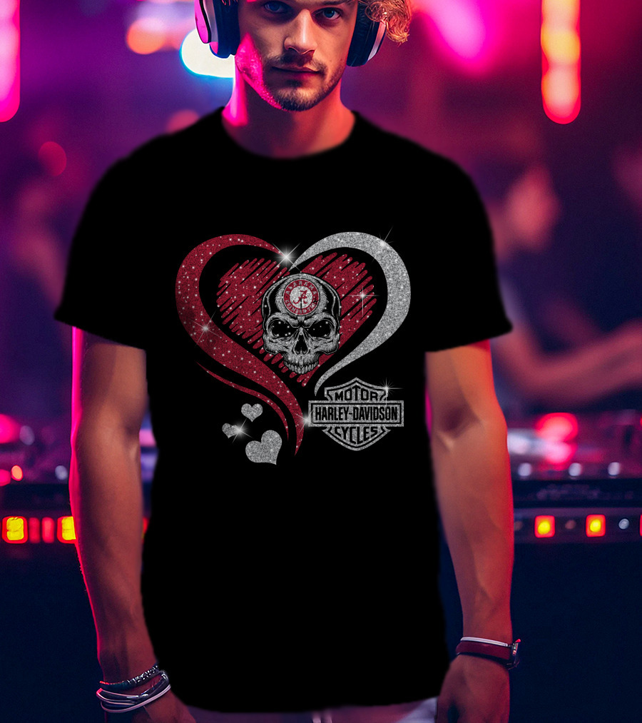 Alabama Crimson Tide Skull Heart Harley Davidson Motor Cycles T-Shirt