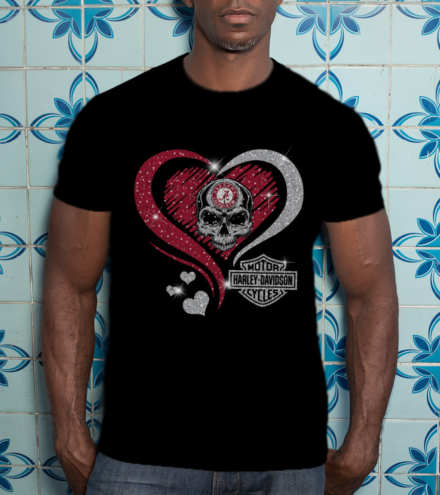 Alabama Crimson Tide Skull Heart Harley Davidson Motor Cycles T-Shirt