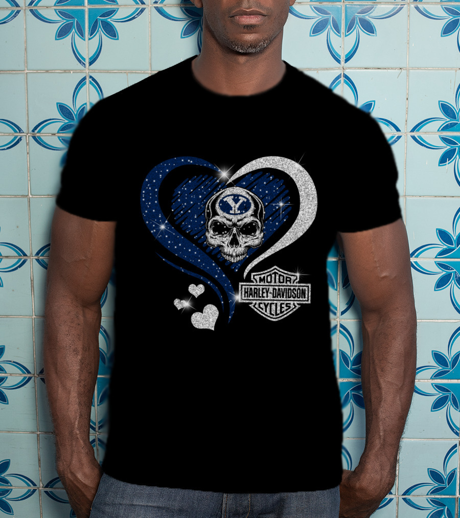Ncaa Byu Cougars Skull Heart Harley Davidson Motor Cycles T-Shirt