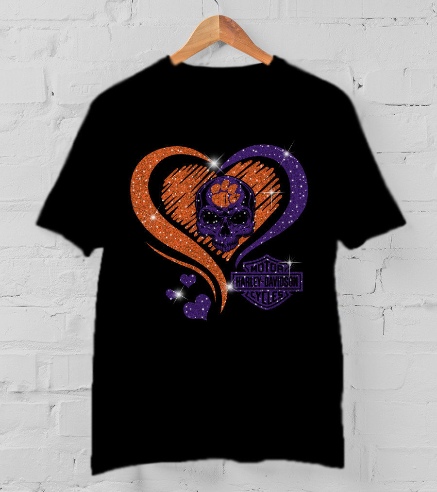 Clemson Tigers Harley Davidson Skull Heart T-Shirt