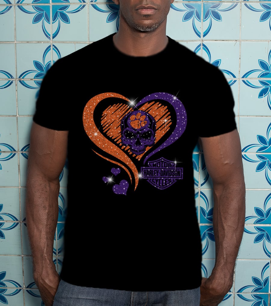 Clemson Tigers Harley Davidson Skull Heart T-Shirt