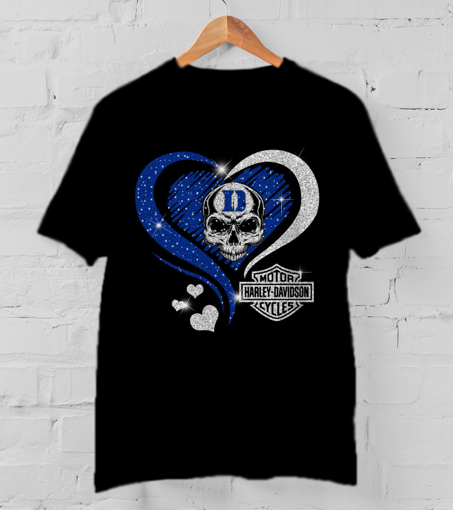 Duke Blue Devils Skull Heart Harley Davidson Motor Cycles Sparkle T-Shirt