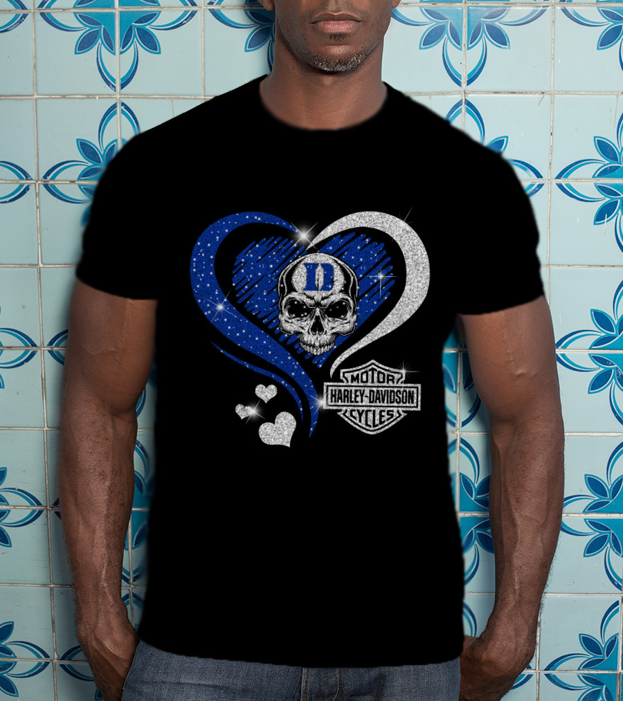 Duke Blue Devils Skull Heart Harley Davidson Motor Cycles Sparkle T-Shirt