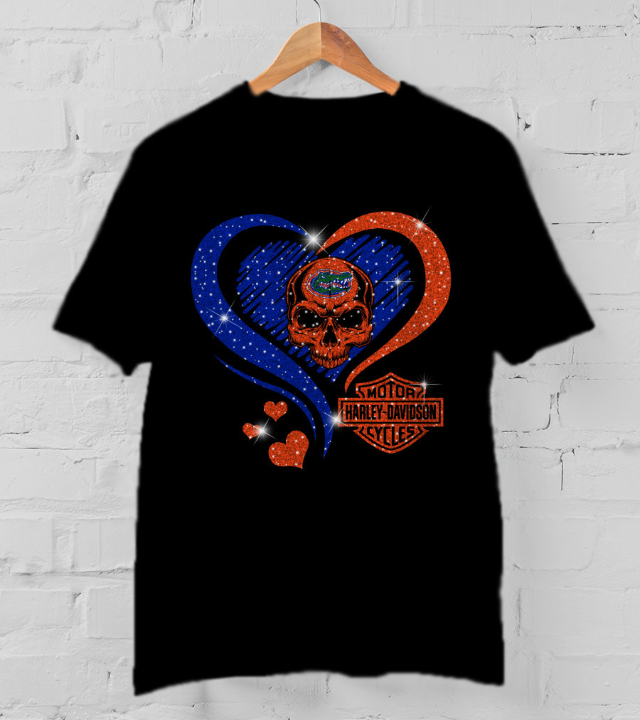 Ncaa Florida Gators Skull Heart Harley Davidson Motor Cycles T-Shirt