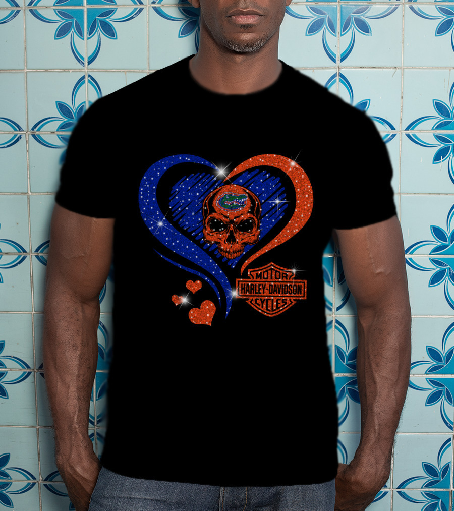 Ncaa Florida Gators Skull Heart Harley Davidson Motor Cycles T-Shirt