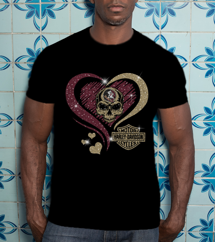 Florida State Seminoles Harley Davidson Heart Skull Motif T-Shirt