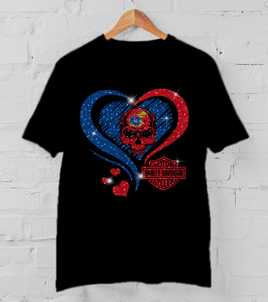 Kansas Jayhawks Harley Davidson Heart Skull T-Shirt