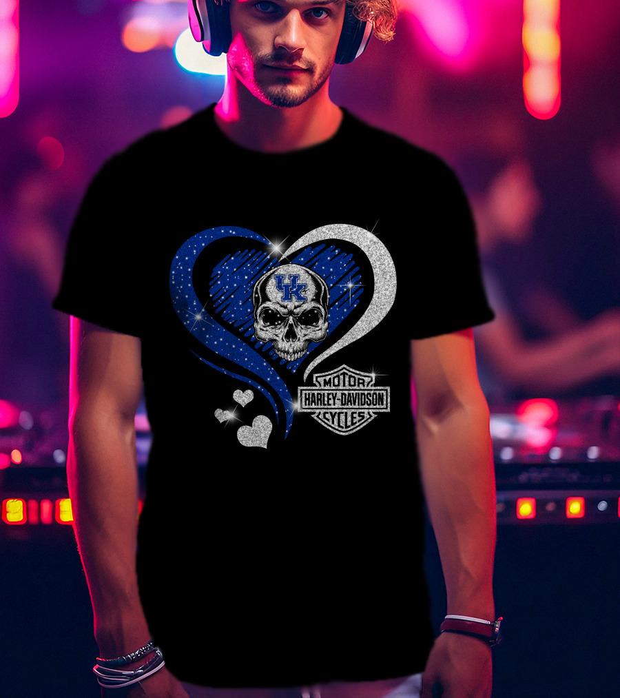 Kentucky Wildcats Skull Heart Harley Davidson Motor Cycles T-Shirt