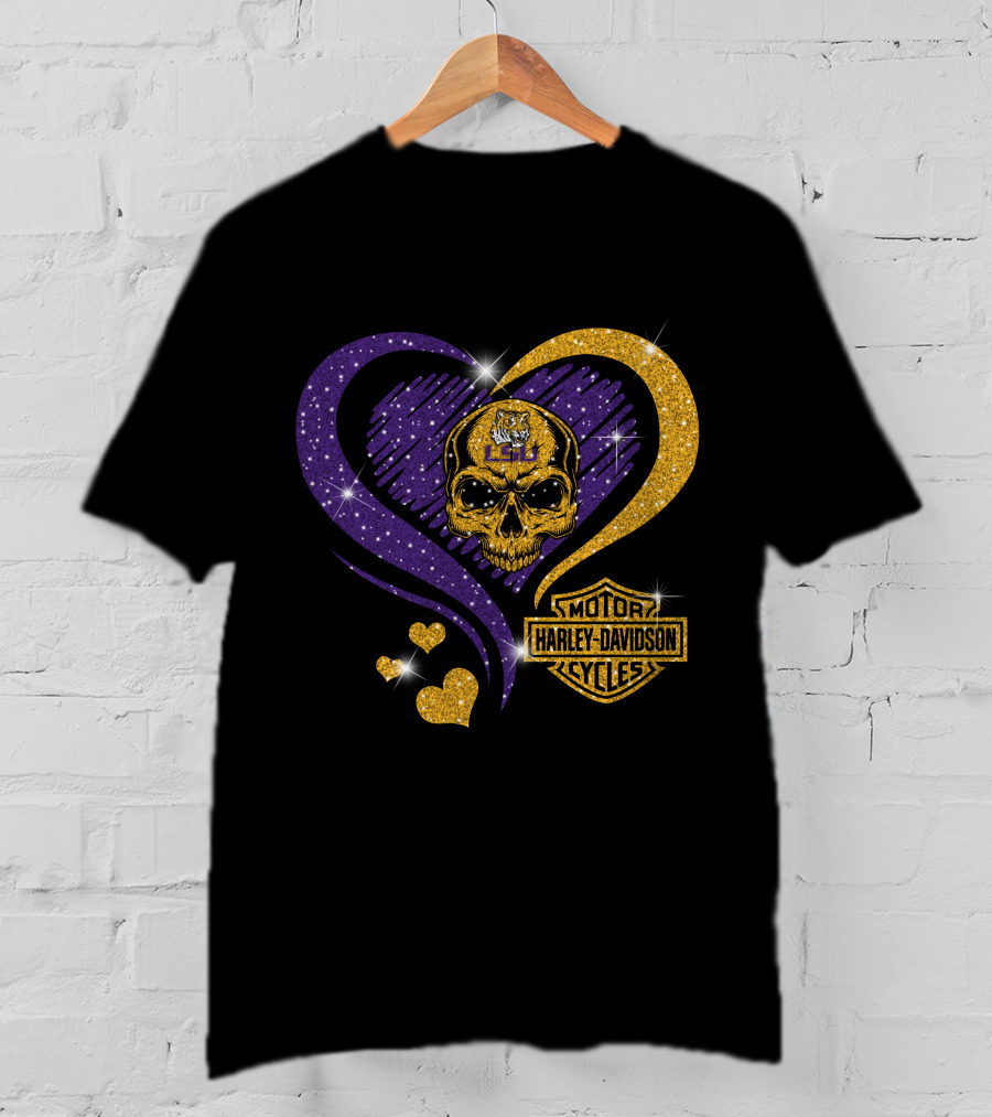 Ncaa Lsu Tigers Skull Heart Harley Davidson Motor Cycles T-Shirt