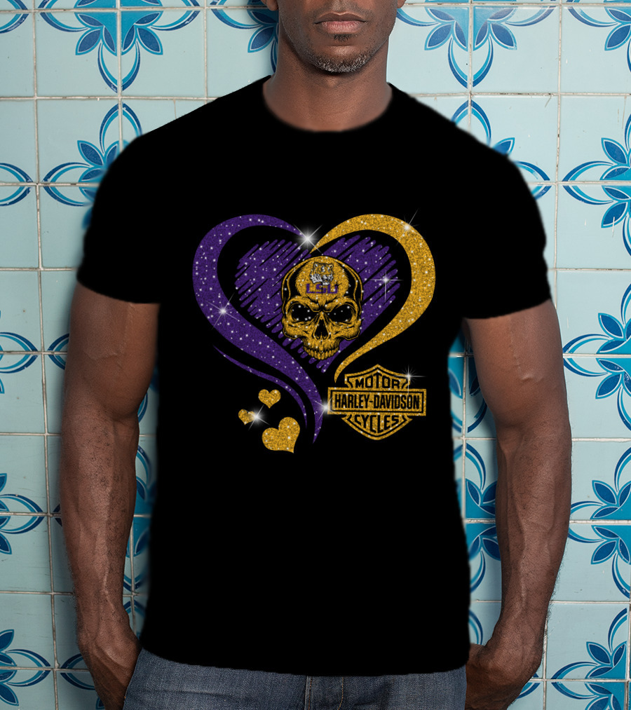 Ncaa Lsu Tigers Skull Heart Harley Davidson Motor Cycles T-Shirt