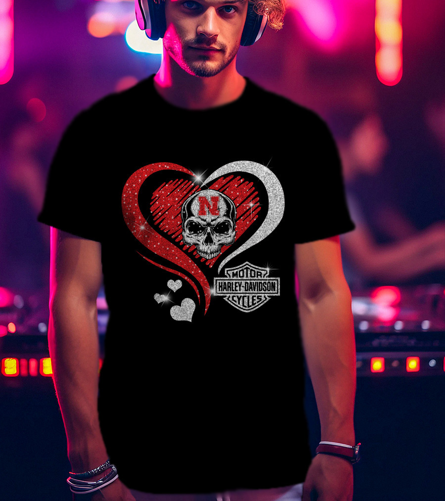 Nebraska Cornhuskers Harley Davidson Skull Heart T-Shirt