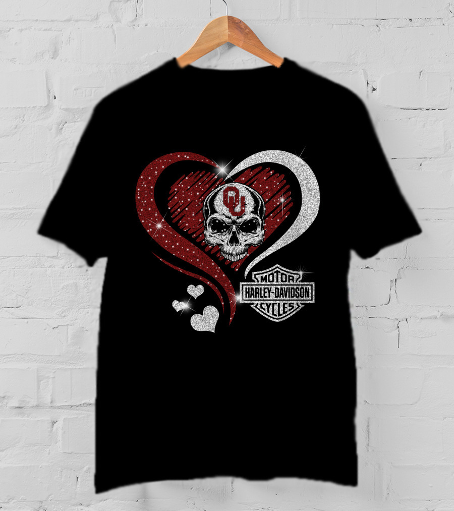 Skull Heart Oklahoma Sooners Harley Davidson Motorcycles T-Shirt