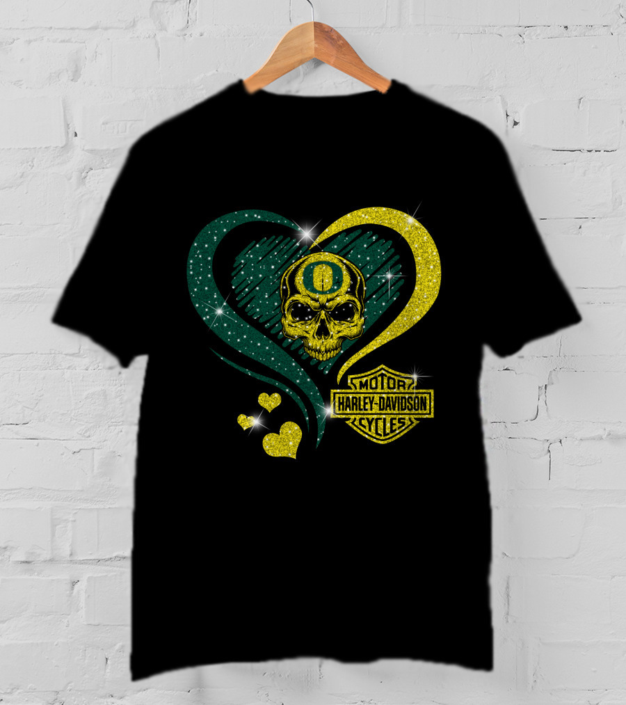 Ncaa Oregon Ducks Skull Harley Davidson Motor Cycles Heart T-Shirt