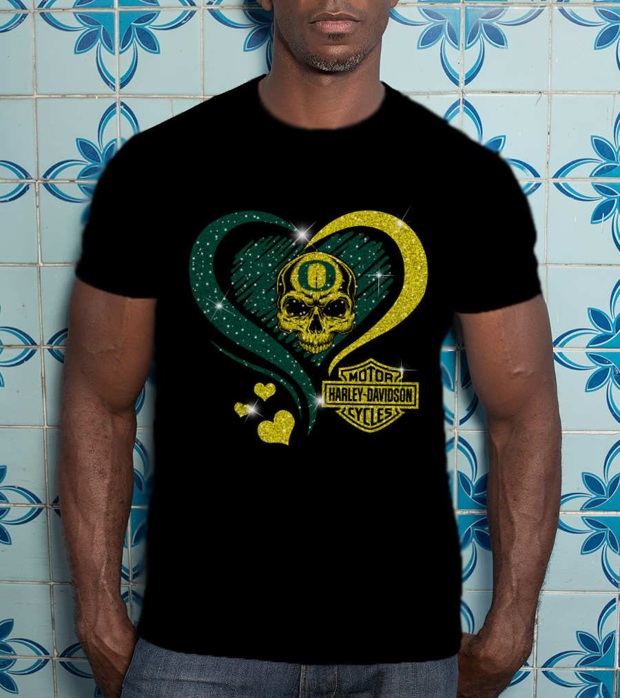 Ncaa Oregon Ducks Skull Harley Davidson Motor Cycles Heart T-Shirt