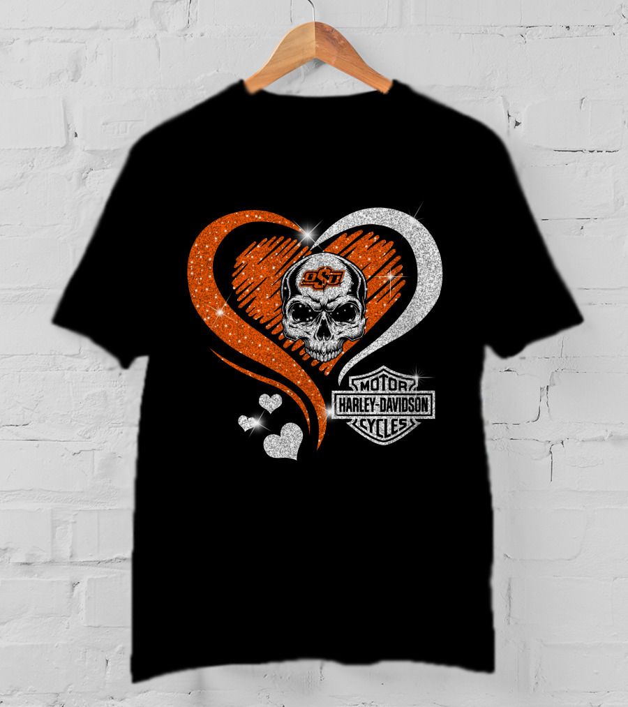 Ncaa Oklahoma State Cowboys Osu Skull Love Motor Harley Davidson Cycles T-Shirt