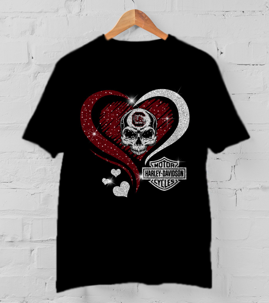 Ncaa South Carolina Gamecocks Skull Heart Harley Davidson Cycles T-Shirt