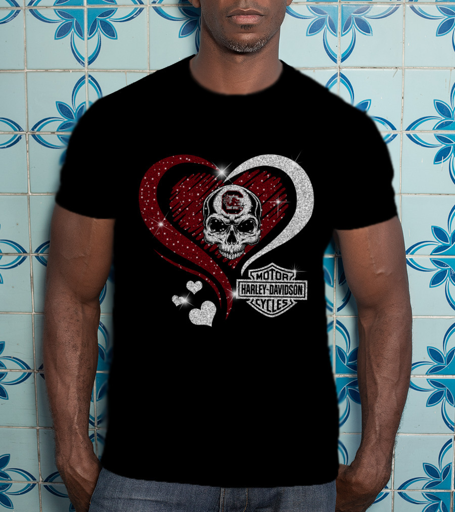 Ncaa South Carolina Gamecocks Skull Heart Harley Davidson Cycles T-Shirt