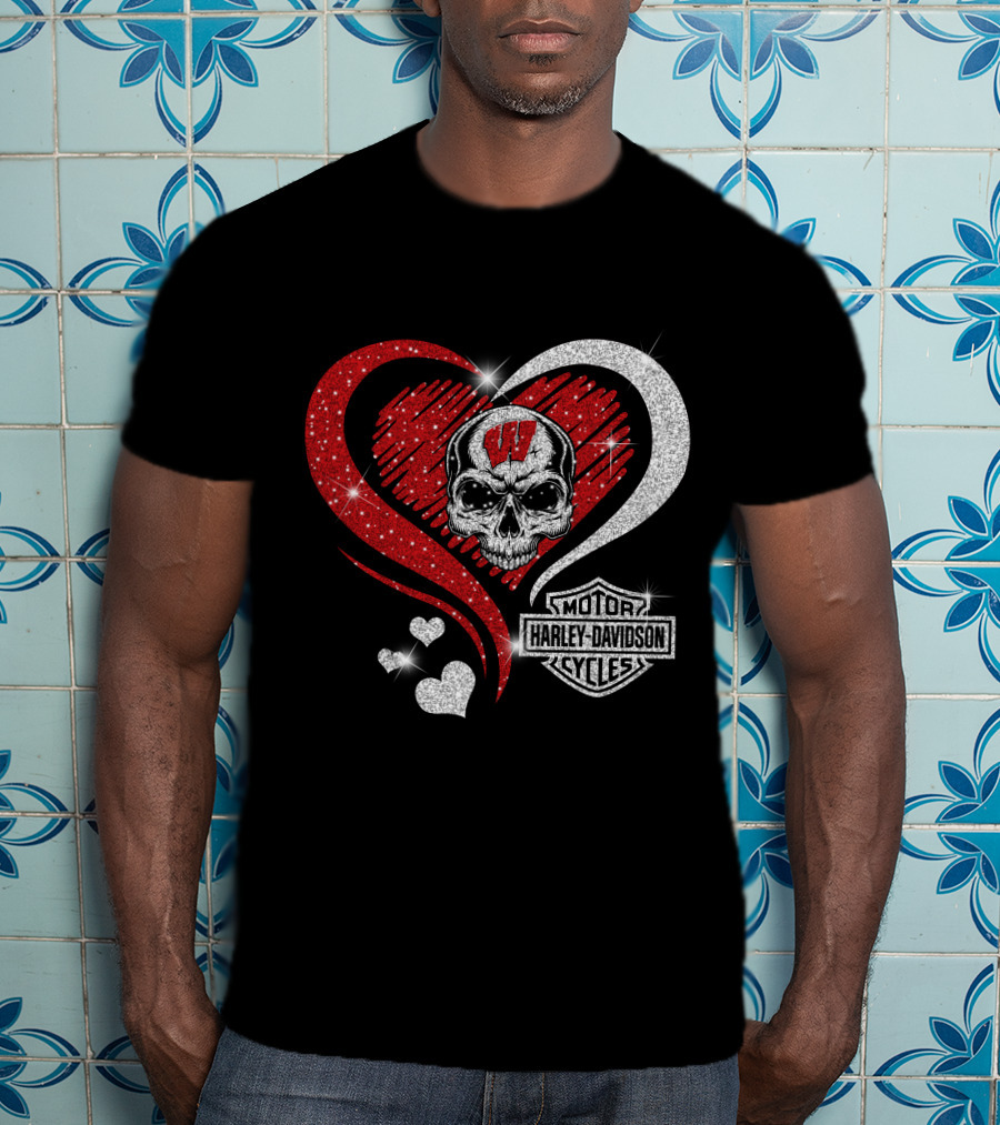 Ncaa Wisconsin Badgers Harley Davidson Skull Heart T-Shirt