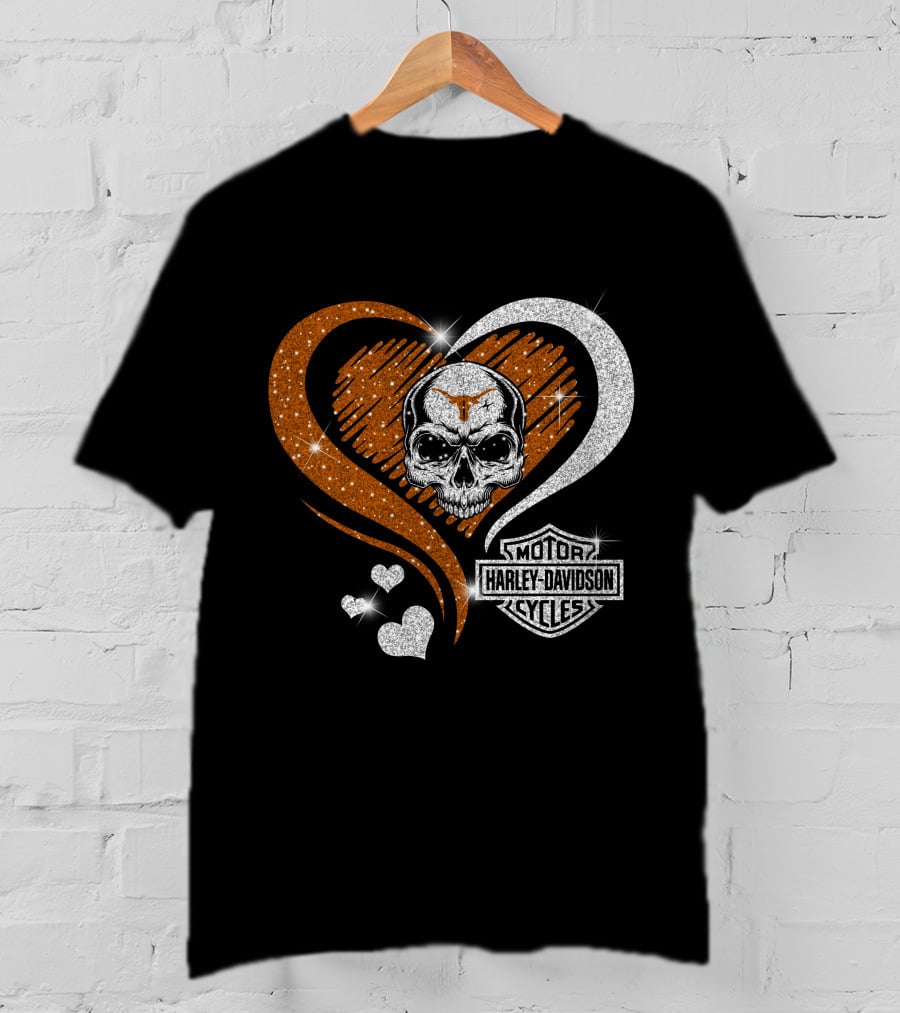 Ncaa Texas Longhorns Harley Davidson Skull Heart T-Shirt