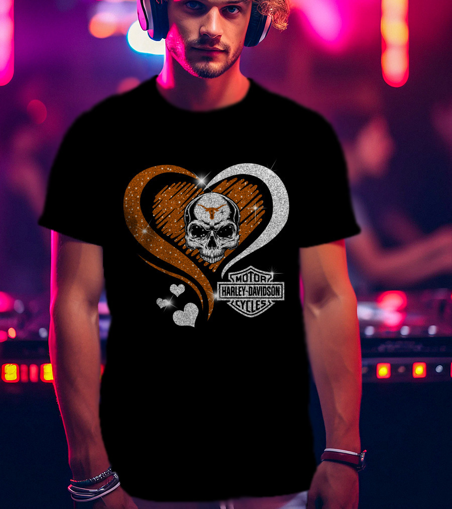 Ncaa Texas Longhorns Harley Davidson Skull Heart T-Shirt