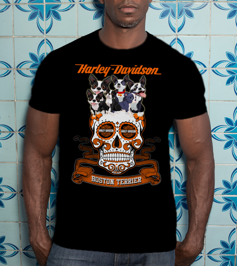 Harley Davidson Boston Terrier Skull Motif T-Shirt