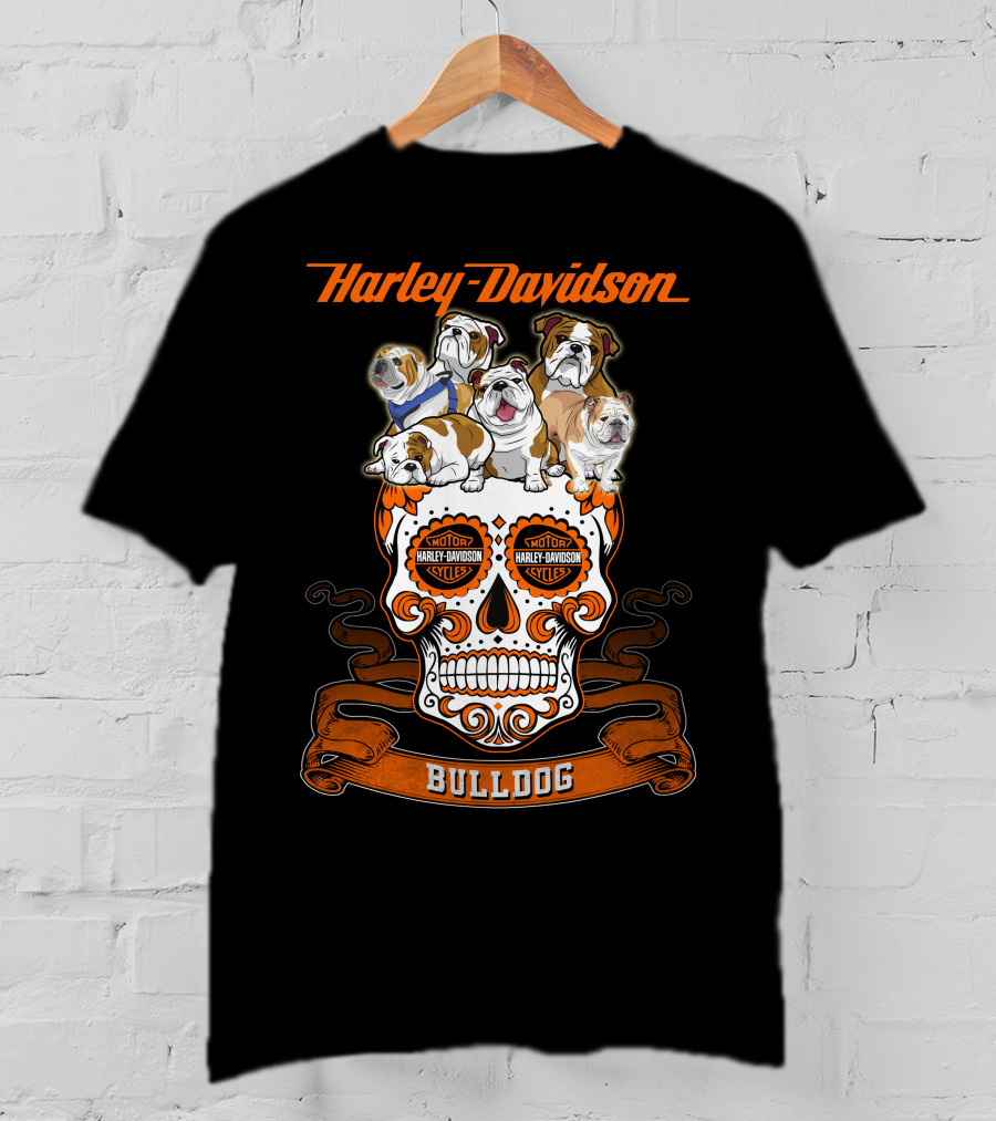 Harley Davidson Bulldog Skull Motif With Bulldogs T-Shirt