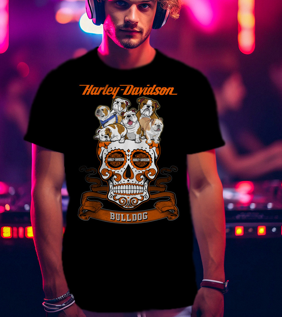 Harley Davidson Bulldog Skull Motif With Bulldogs T-Shirt