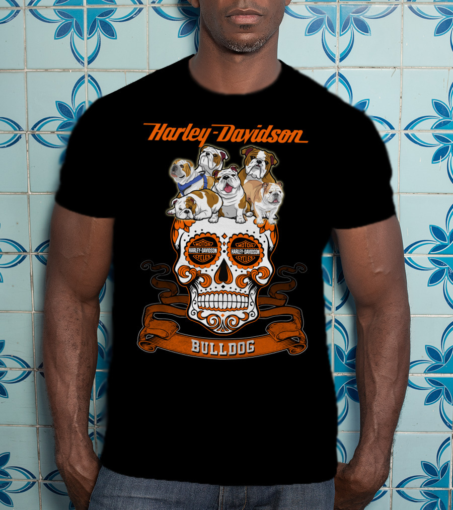 Harley Davidson Bulldog Skull Motif With Bulldogs T-Shirt