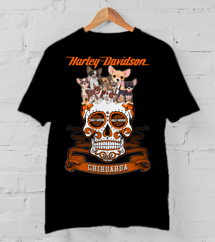 Harley Davidson Chihuahua Skull With Motorcycles And Cute Dogs T-Shirt