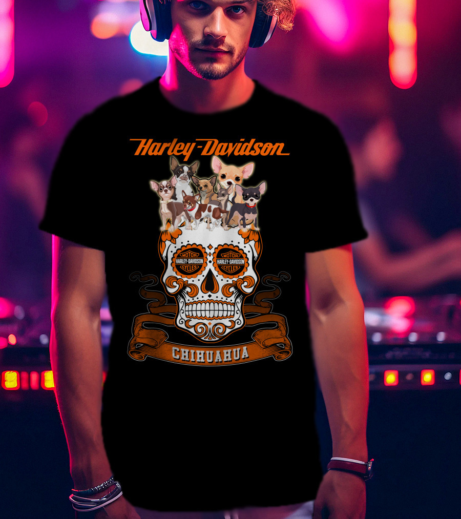 Harley Davidson Chihuahua Skull With Motorcycles And Cute Dogs T-Shirt