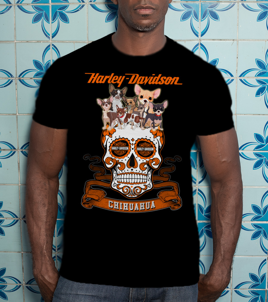 Harley Davidson Chihuahua Skull With Motorcycles And Cute Dogs T-Shirt