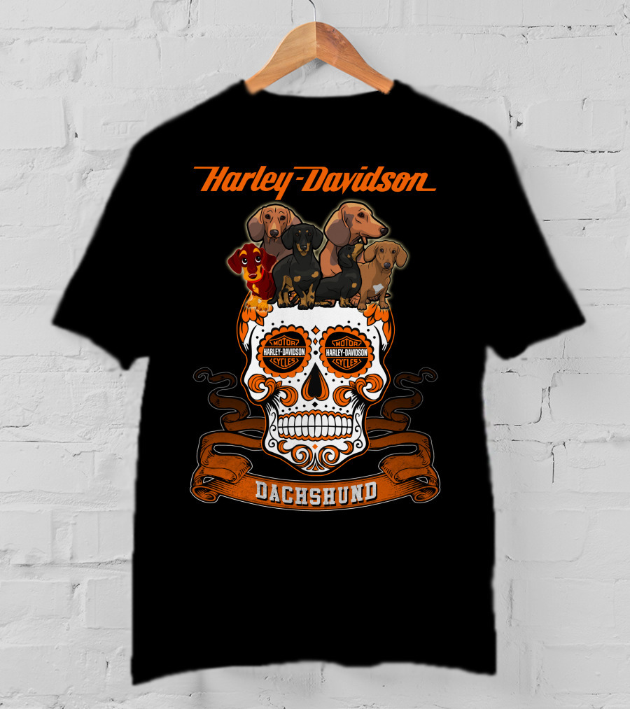 Harley Davidson Dachshund Skull With Motorcycles And Dachshunds T-Shirt