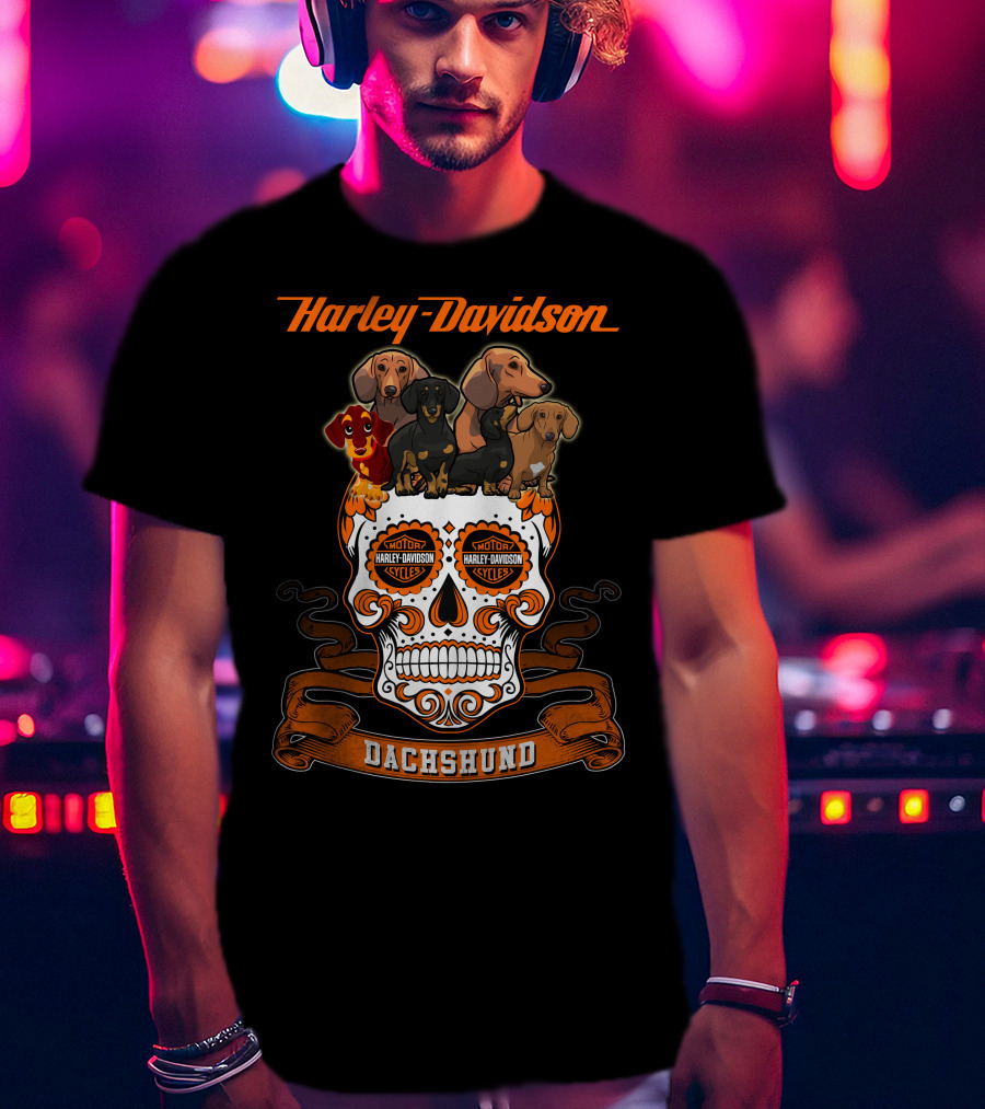 Harley Davidson Dachshund Skull With Motorcycles And Dachshunds T-Shirt