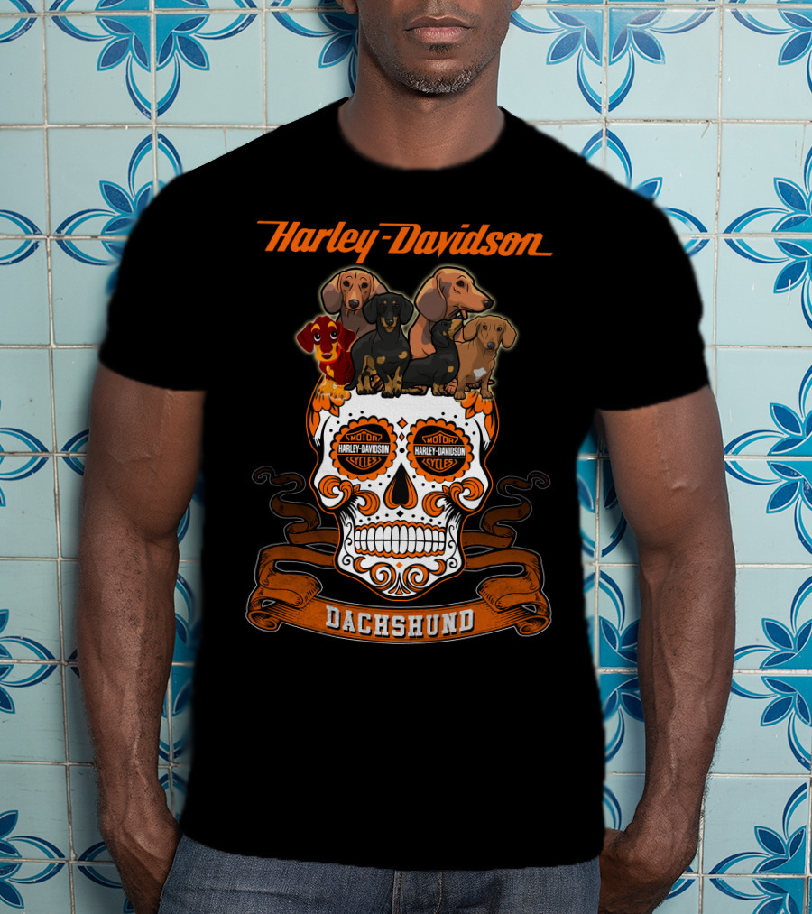 Harley Davidson Dachshund Skull With Motorcycles And Dachshunds T-Shirt