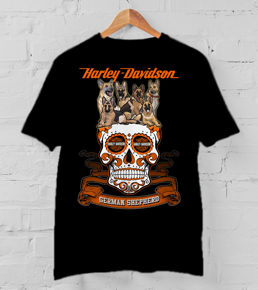 Harley Davidson German Shepherd Skull Motif T-Shirt
