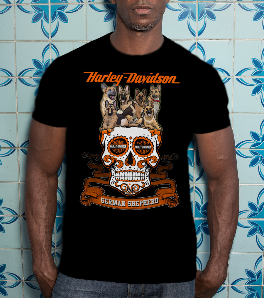 Harley Davidson German Shepherd Skull Motif T-Shirt