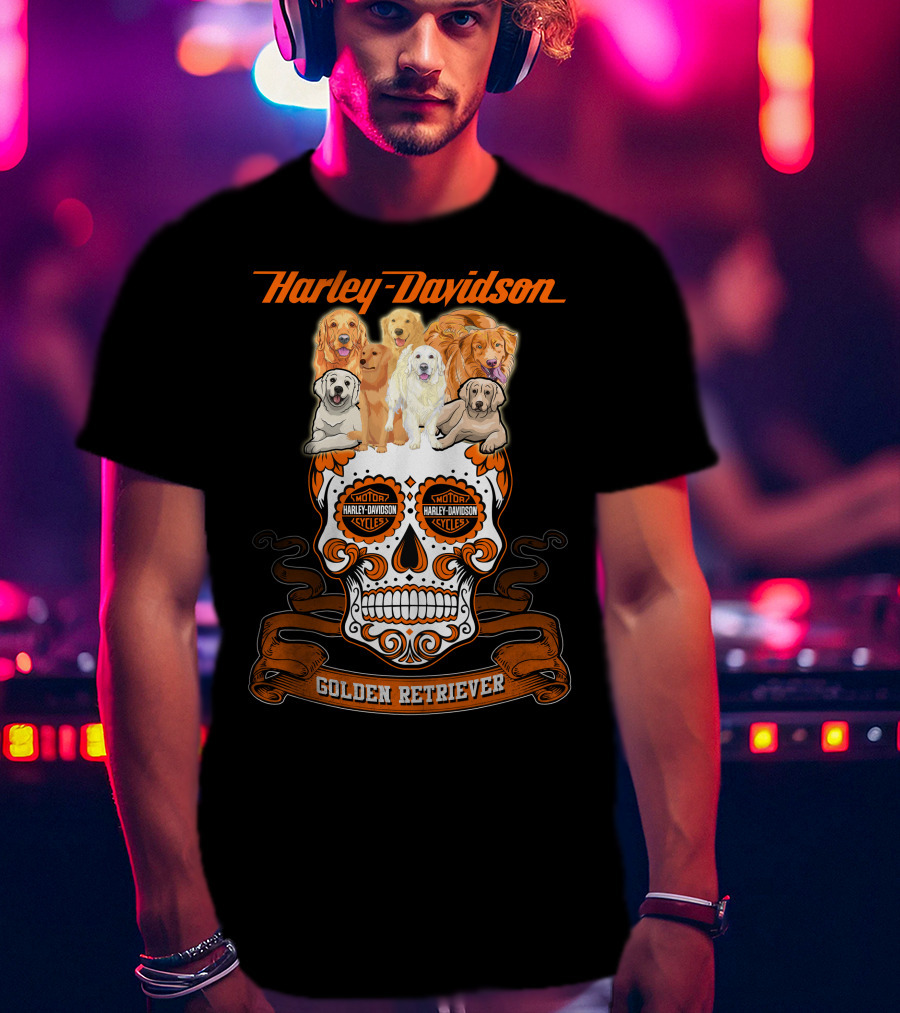 Harley Davidson Golden Retriever Skull Motif T-Shirt