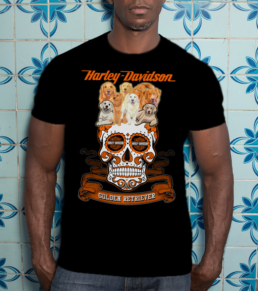 Harley Davidson Golden Retriever Skull Motif T-Shirt