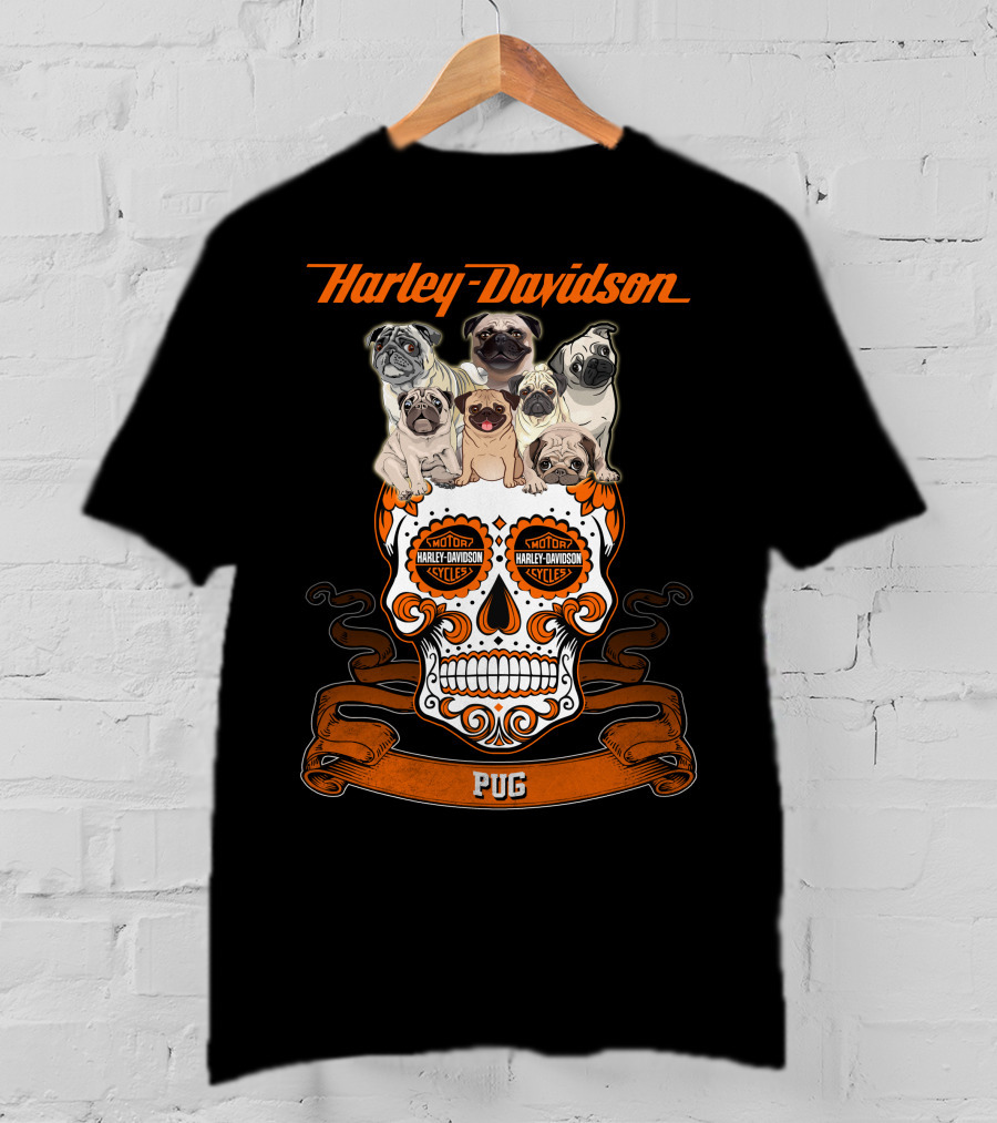 Harley Davidson Pug Skull Motif With Pugs T-Shirt