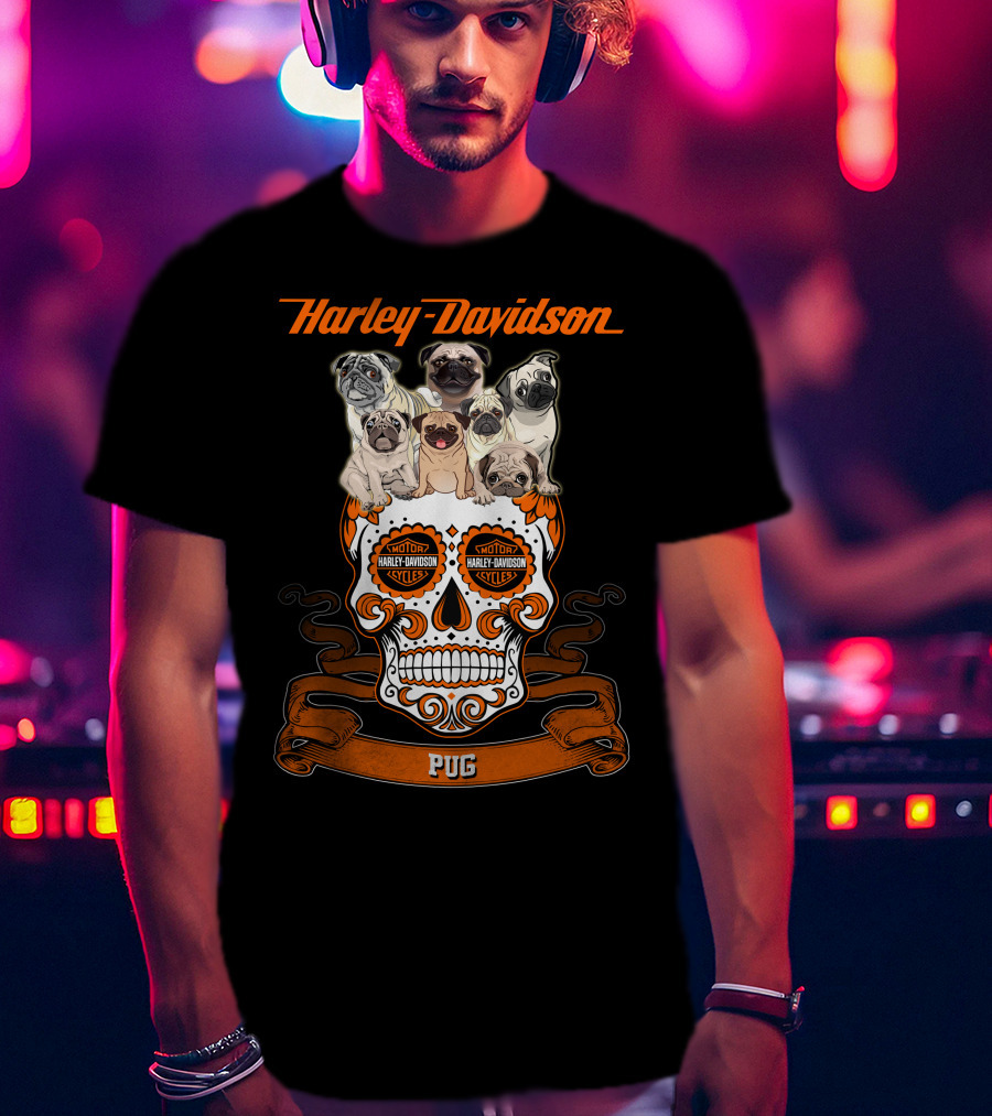 Harley Davidson Pug Skull Motif With Pugs T-Shirt