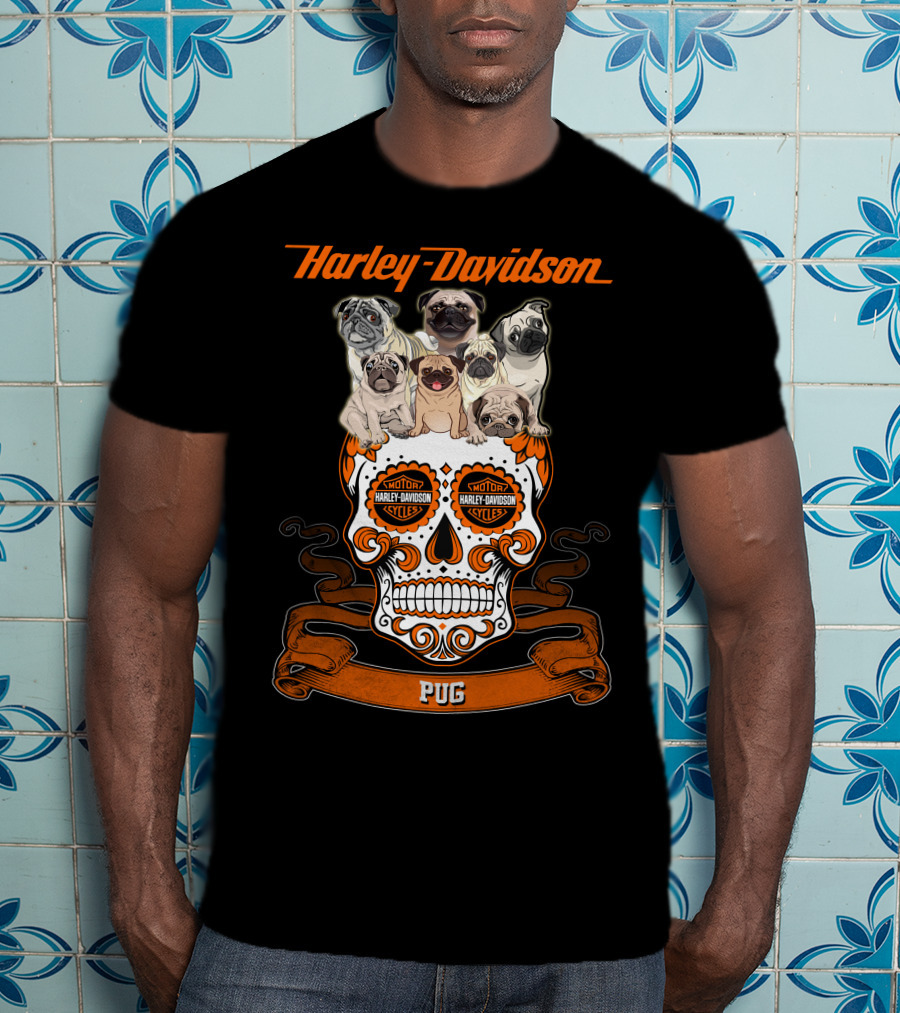 Harley Davidson Pug Skull Motif With Pugs T-Shirt