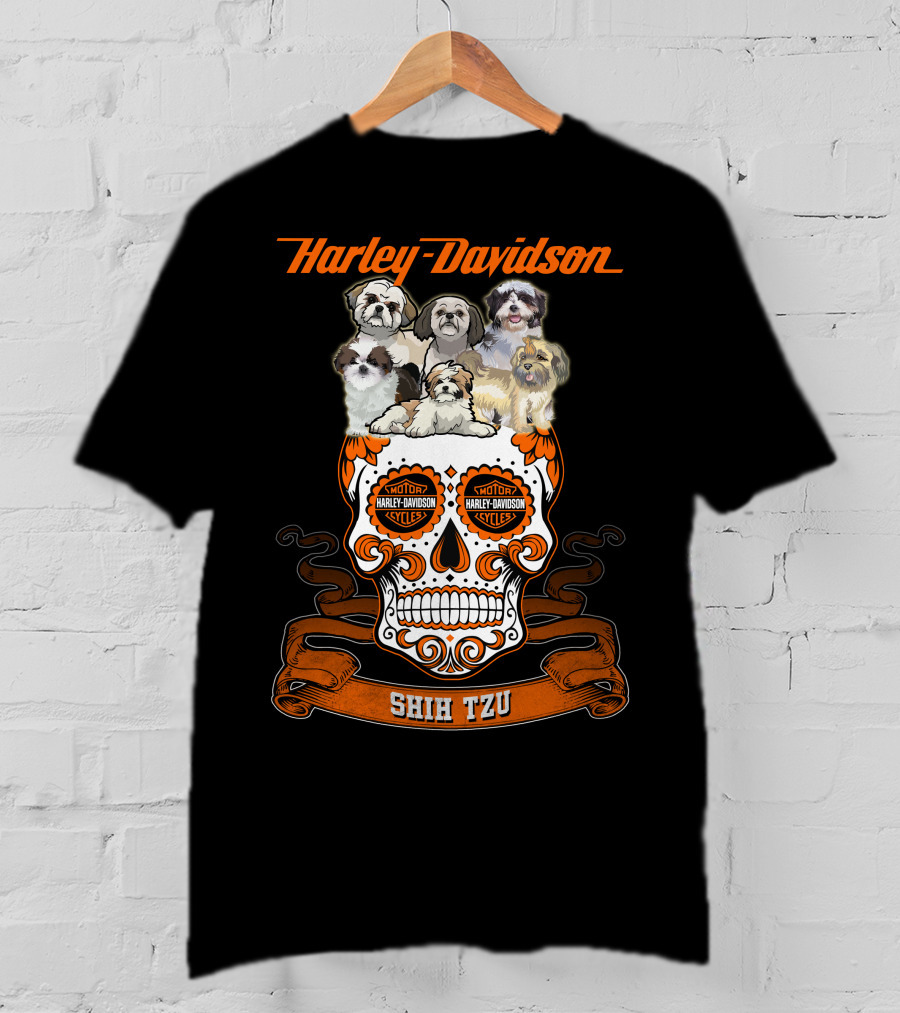 Harley Davidson Shih Tzu Skull With Dogs And Motor Harley Davidson Cycles T-Shirt