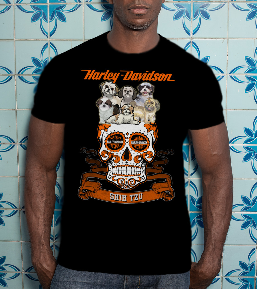 Harley Davidson Shih Tzu Skull With Dogs And Motor Harley Davidson Cycles T-Shirt