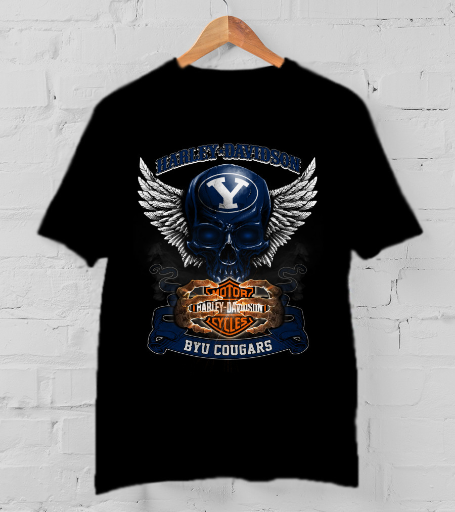 Harley Davidson Byu Cougars Y Skull Wings Motor Cycles T-Shirt