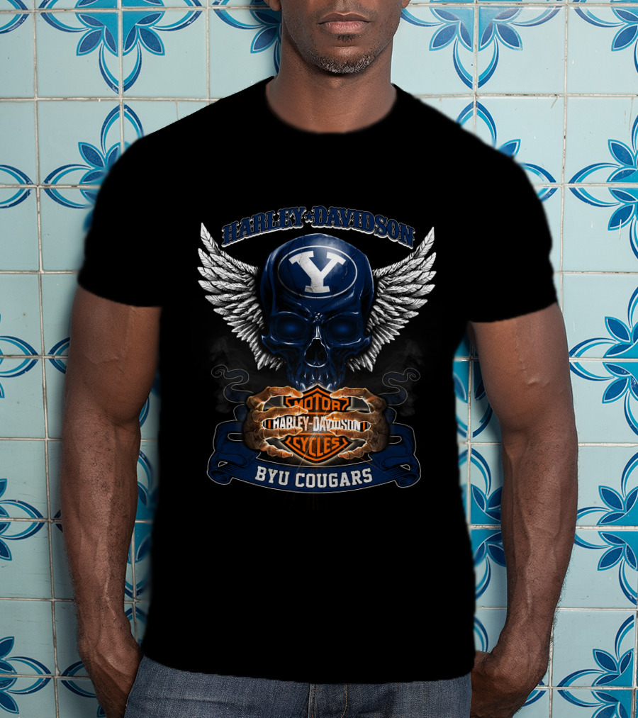 Harley Davidson Byu Cougars Y Skull Wings Motor Cycles T-Shirt