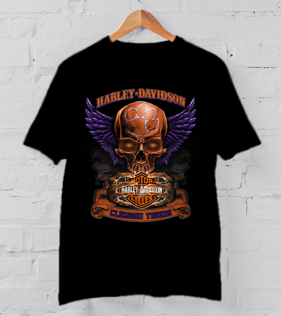 Harley Davidson Clemson Tigers Motorcycles Skull Wings T-Shirt